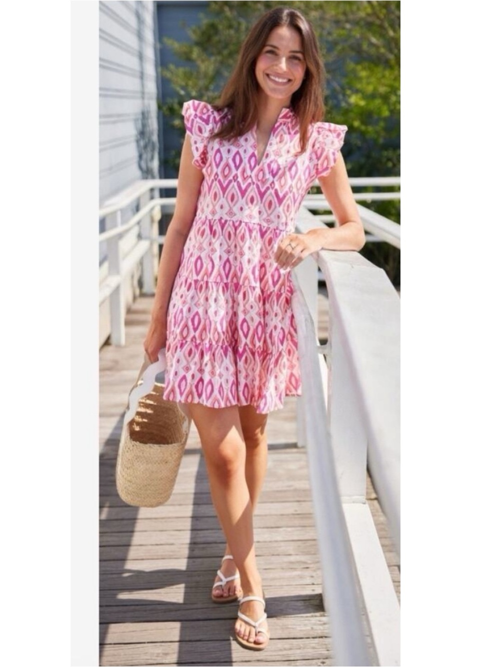 Sail to sable Linen blend tiered mini dress pink  XL flutter sleeve Coastal chic